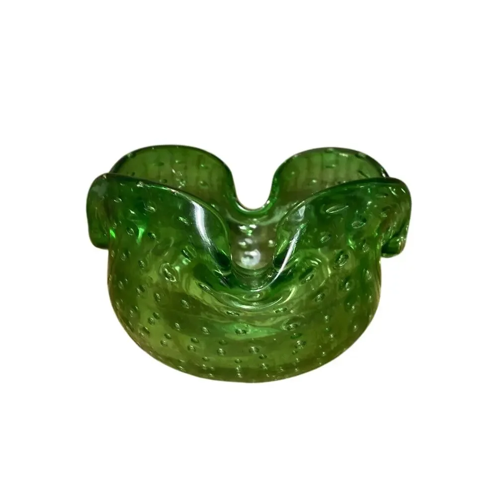 Vintage Italian Bullicante Art Glass Ashtray Murano Style Green Bowl 4.125